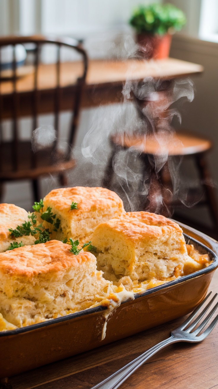 Cheesy chicken biscuit casserole with golden biscuits and creamy filling, garnished with parsley.